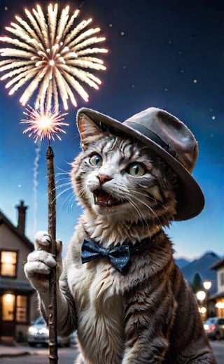 A cute gray and white cat with a black tiny fedora hat:1.2, extremely intricate, smiling cat:1.1, hd, biting a firework stick on his mouth:1.35,  moonlight, street background, fireworks on sky:1.2, celebrating new year, 