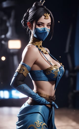 (masterpiece),  (extremely intricate:1.3),  (realistic),  (portrait of Kitana), the most beautiful in the world, facemask, large hair:1.2, big boobs, innerboob, she is wearing her blue attire:1.3,  view from side:1.2, metal reflections, she is on a fight arena, (thick hips), intense moonlight, professional photograph of a stunning woman detailed, sharp focus,  dramatic, award winning, cinematic lighting,  octane render, unreal engine,  volumetrics dtx,  (film grain,  blurry background,  blurry foreground,  depth of field,  motion blur:1.3),  she is sexy smiling looking at viewer,kitana