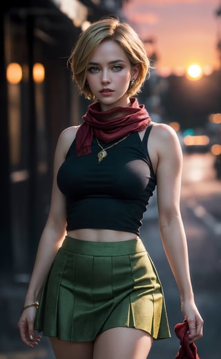 (masterpiece), (extremely intricate:1.3), (realistic), (portrait of Sherry Birkin from Resident Evil), (blond hair), (blue eyes), (shortest cut hairstyle:1.3), the most beautiful in the world, (red scarf), (fishnet yellow top:1.2), (green plain skirt:1.3), metal reflections, (hourglass body figure), (thick hips), she is on a street, intense moonlight, (view from right side), professional photograph of a stunning woman detailed, sharp focus, dramatic, award winning, cinematic lighting, octane render  unreal engine,  volumetrics dtx, (film grain, blurry background, blurry foreground, bokeh, depth of field, sunset, motion blur:1.3), chainmail