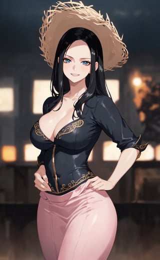 (masterpiece), (extremely intricate:1.3), (realistic), (portrait of Nico Robin from one piece), mature face:1.2, (blue eyes), (large black hair:1.5), the most beautiful in the world, (she is wearing a blue tight open cleavage blouse and sexy pink long skirt), straw Pirate hat, metal reflections, (hourglass body figure), she is on a beach, (her hands are on her hips:1.3), intense moonlight, professional photograph of a stunning woman detailed, sharp focus, dramatic, award winning, cinematic lighting, octane render  unreal engine,  volumetrics dtx, (film grain, blurry background, blurry foreground, depth of field, motion blur:1.3), chainmail, her sexy smiling expression is looking to the viewer