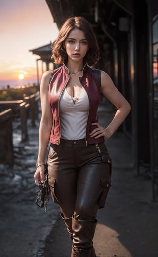 (masterpiece), (extremely intricate:1.3), (realistic), (portrait of Helen Harper from Resident Evil), (brown hair), (large hair:1.3), ( with side bangs), (brown eyes), the most beautiful in the world, (she is wearing a white tank top), (under a sleeveless burgundy jacket that remains unbuttoned:1.3),  (tight brown cargo pants that are tucked into knee-high dark brown leather boots with high heels), metal reflections, (hourglass body figure), (thick hips), she is on a police station, intense sunlight, professional photograph of a stunning woman detailed, sharp focus, dramatic, award winning, cinematic lighting, octane render  unreal engine,  volumetrics dtx, (film grain, blurry background, blurry foreground, bokeh, depth of field, sunset, motion blur:1.3), chainmail