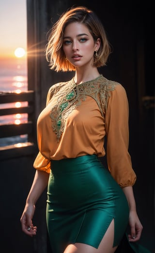 (masterpiece), (extremely intricate:1.3), (realistic), (portrait of Ashley Graham), blond short hair, (blue eyes), the most beautiful in the world, (she is wearing a tight orange blouse and green skirt), metal reflections, (hourglass body figure), she is on a dungeon, intense sunlight, professional photograph of a stunning woman detailed, sharp focus, dramatic, award winning, cinematic lighting, octane render  unreal engine,  volumetrics dtx, (film grain, blurry background, blurry foreground, bokeh, depth of field, sunset, motion blur:1.3), chainmail