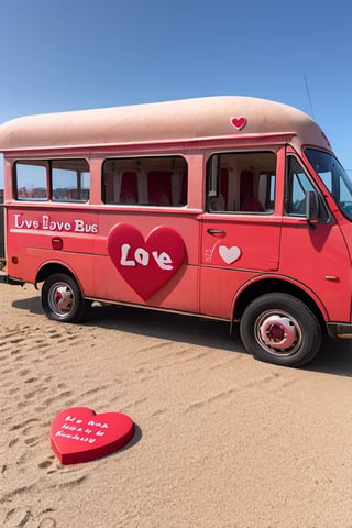 the ‘love bus’ on the beach with big love hearts along  the side 