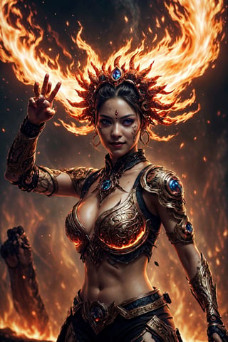 fire goddess dancing, waiving hands, fire elemental effect everywhere, detailed exquisite face, playful smirks, realistic, intricate, upper body, cinematic lighting, 1 girl, kwon-nara,Cyberpunk