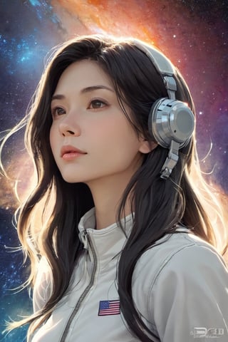 portrait of a woman, long hair, space theme, dfdd, 2d animated, niji 5