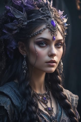 A portrait of a beautiful girl in dark fantasy style, set against a fantastical world background. The girl has an ethereal, mysterious aura with intricate dark clothing and accessories. She has deep, expressive eyes, possibly with a slight glow or unusual color (like violet or silver). Her long, wavy hair is dark (black or deep brown), possibly with braids or adorned with accessories. She wears dark, elaborate attire with elements of armor or decorative details such as lace, chains, or gemstones. She is adorned with dark jewelry, such as a necklace, earrings, or a diadem.