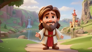 best quality, masterpiece, highres, Disney style, cartoon style, sfw, Game Scene Mood Map, Unreal Engine, Toon Rendering,  ink scenery,Jesus. beard. Open Arms.,greg rutkowski,chibi