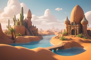 best quality, masterpiece, highres, Disney style, cartoon style, sfw, Game Scene Mood Map, Unreal Engine, Toon Rendering,  ink scenery, desert city ,greg rutkowski,chibi,aw0k geometry