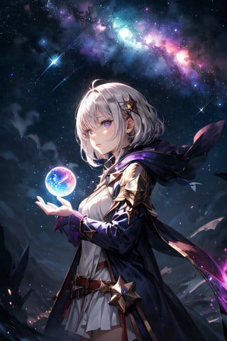 (the most powerful sorceress, white-silver hair, purple eyes, holding a magic complex sphere, serious mood), casting a powerful magic, sparky magic-energy, strong wind, sky full of stars and nebula background::1.3, colorful detailed magic effect::1.2, complex_background, midjourney-style, midjourney