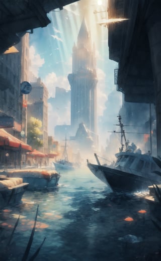 wide angle shot, watercolor_(artwork), Atlantis, City underwater, volumetric lighting, masterpiece, 4k, Sun rays coming through the water surface, Colourful, extremely detailed, intense colours, bright colours, midjourney-style