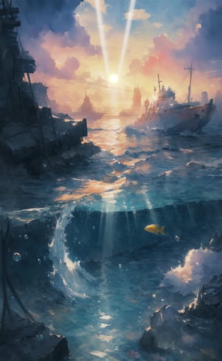 wide angle shot, watercolor_(artwork), Atlantis, City underwater, volumetric lighting, masterpiece, 4k, Sun rays coming through the water surface, Colourful, extremely detailed, intense colours, bright colours, midjourney-style