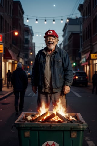 wide shot, super Mario as an old homeless man warming his hands on a dumpster fire in the corner of a busy street, looking sad directly at you, (Background is a street full of happy, laughing people going by) creepy, dim colors, dark theme, | Depth of field, bokeh | hyperrealism, 4k