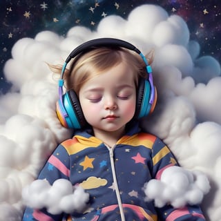 sketch512 girl baby sleeping in the clouds , wearing headphones , cute , with a colorful outfit , neom , with a very starry night, art by Ann Geddes