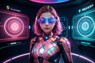 a futuristic environment, a young woman learns with the help of artificial intelligence, a calm, youthful and jovial environment, warm colors, futuristic elements, holograms, accessories, virtual reality glasses. augmented reality, the image of a brain as a hologram, ironman-type effects.