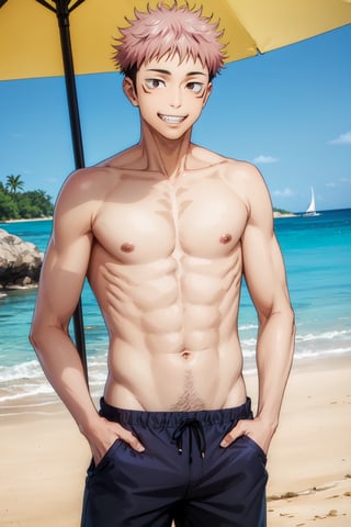 (masterpiece, best quality:1.2), , cowboy shot, solo, male focus, 1boy, (itadori yuji:1.4), facial mark, grin, looking at viewer, hand in pocket, male swimwear, SUKUNA, young man, pupil, beach