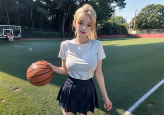 a beautiful young girl, blonde, (hi-top fade:1.3), sunshine, outfield, basketball field, (lean over on basketball:1.2), huge breast, ponytail, full body, realistic skin, head tilt, show legs, blushing, ashamed, blue eyes, symmetry smile eyes,
japan school uniform, white shirt, luxury_deep_blue_shortskirt, ultra detailed finger, two bare long legs, white-skinned girl, depth_of_field, motion_blur, spots shot, full body shoot, jk_lure_dress2