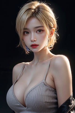 a young woman, blonde, (hi-top fade:1.3), dark theme, soothing tones, muted colors, high contrast, (natural skin texture, hyperrealism, soft light, sharp), huge breasts, upper body shot, 