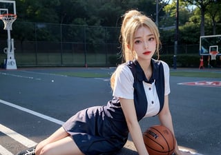 a beautiful young girl, blonde, (hi-top fade:1.3), sunshine, outfield, basketball field, (lean over on basketball:1.2), huge breast, ponytail, full body, realistic skin, head tilt, detailed eyes and face, blushing, ashamed, blue eyes, symmetry smile eyes,
japan school uniform, white shirt, luxury_deep_blue_shortskirt, ultra detailed finger, two bare long legs, white-skinned girl, depth_of_field, motion_blur, spots shot, full body shoot, jk_lure_dress2