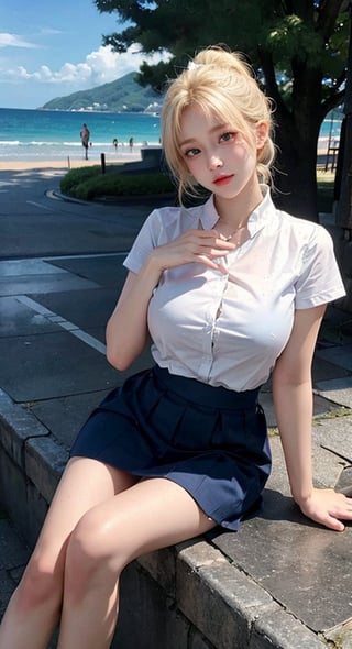 lanky legs, legs apart, presenting legs, a beautiful young girl, blonde, (hi-top fade:1.3), sunshine, seaside, stand, gigantic breast, ponytail, full body, realistic skin, head tilt, detailed eyes and face, blushing, ashamed, blue eyes, symmetry smile eyes,
japan school uniform, white shirt, deep_blue_shortskirt, ultra detailed finger, two bare long legs, white-skinned girl, depth_of_field, motion_blur, spots shot, full body shoot, jk_lure_dress2