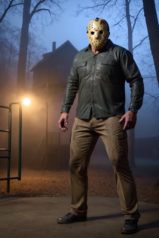 a guy standing at playground, night, fog, Jason Voorhees mask, cargo pants, cargo tshirt, (full body:1.2), big body, masterpiece, ultra high quality, ultra high resolution, detailed background, dramatic lighting, low key, dark tone,jasonvoorhees