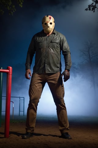 a guy standing at playground, night, fog, Jason Voorhees mask, cargo pants, cargo tshirt, (upper body:1.2), big body, ultra high quality, ultra high resolution, detailed background, dramatic lighting, low key, dark tone,jasonvoorhees