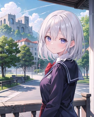 (masterpiece), 1girl, blue purple eyes, (silver hair, white hair), medium hair, medium breasts, (bangs:0.7), (shy:0.8), (smile:0.8), (hair_over_one_eye), (puffy_nipple:0.8), school uniform, scenery, 