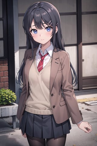 (masterpiece), best quality, high resolution, highly detailed, detailed background, perfect lighting, 1girl, long hair, black hair, blue eyes, red necktie between breasts, school uniform, brown jacket, open jacket, (brown blazer:1.2), long sleeves, sweater vest, grey pleated skirt, black pantyhose, hair ornament, hair clip, sakurajima mai, ph mai