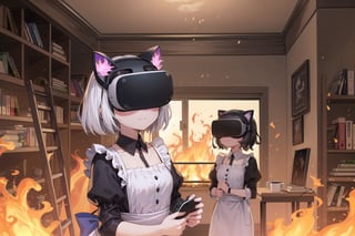 (masterpiece), light rays, light particles, indoors, bookshelf, book, book stack, ladder, 2girls, silver hair, black hair, medium hair, short hair, maid, cat ears, (fire, burning:1.2), (virtual reality, head-mounted display:1.4), IncrsThisIsFineMeme