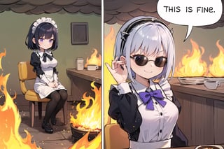 (masterpiece), highly detailed, high quality, perfect lighting, beautiful, 2girls, black hair, silver hair color, medium hair, multicolored hair, purple eyes, medium breasts, mecha headgear, violet clothes, white shirt, lace, lace rims, purple bowtie, (evil smile), fire, burning, indoor,IncrsDisasterGirlMeme,IncrsThisIsFineMeme, ,SaltBaeMeme, sunglasses, maid costume,