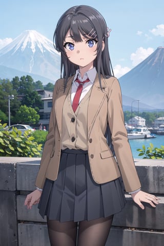 (masterpiece), best quality, high resolution, highly detailed, detailed background, perfect lighting, 1girl, long hair, black hair, blue eyes, red necktie, school uniform, brown jacket, open jacket, (brown blazer:1.2), long sleeves, grey pleated skirt, black pantyhose, hair ornament, hair clip, sakurajima mai, ph mai