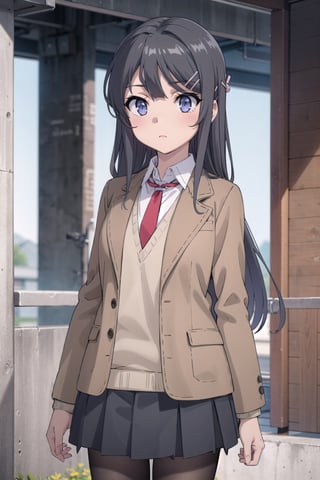 (masterpiece), best quality, high resolution, highly detailed, detailed background, perfect lighting, 1girl, long hair, black hair, blue eyes, red necktie between breasts, school uniform, brown jacket, open jacket, (brown blazer:1.2), long sleeves, sweater vest, grey pleated skirt, black pantyhose, hair ornament, hair clip, sakurajima mai, ph mai