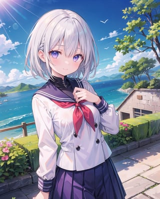 (masterpiece), 1girl, blue purple eyes, (silver hair, white hair), medium hair, medium breasts, (bangs:0.7), (shy:0.8), (smile:0.8), (hair_over_one_eye), (puffy_nipple:0.8), school uniform, scenery, 