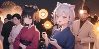 (masterpiece), (multiple girls, multiple boys:1.3) , black hair, silver hair, medium hair, short hair with long sidelocks, (sidelock:1.2) , bangs, multicolored hair, yellow eyes, purple eyes, blue eyes, cat ears, yukata, fireworks, night, cat, smile, crowd, light particles, happy new year 2024,