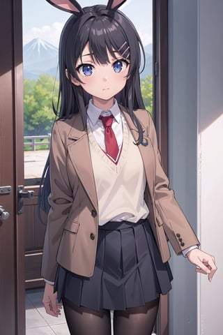 (masterpiece), best quality, high resolution, highly detailed, detailed background, perfect lighting, 1girl, long hair, black hair, blue eyes, red necktie, school uniform, brown jacket, open jacket, (brown blazer:1.2), long sleeves, sweater vest, grey pleated skirt, black pantyhose, rabbit hair ornament, hair clip, sakurajima mai, ph mai