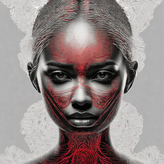 Fingerprints art,  Ink , [red : white : black ]  , delicate fingerprints patterns creating a beautiful female  face , centered, 16k resolution , HQ , fine  detailed, insanely detailed, hyper realistic, trending on cgsociet