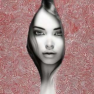 Fingerprints art,  Ink , [red : white : black ]  , delicate fingerprints patterns creating a beautiful female  face , centered, 16k resolution , HQ , fine  detailed, insanely detailed, hyper realistic, trending on cgsociet