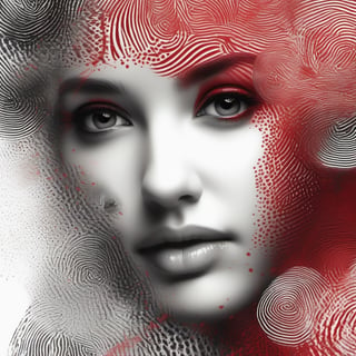 Fingerprints art,  Ink , [red : white : black ]  , delicate fingerprints patterns creating a beautiful female  face , centered, 16k resolution , HQ , fine  detailed, insanely detailed, hyper realistic, trending on cgsociet