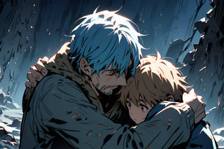 Father and son, hug, cold and sad atmosphere, decrepit background, close-up image,