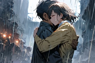 Father and daughter, hug, cold and sad atmosphere, decrepit background, image from afar, crying, rain