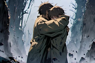 Father and son, hug, cold and sad atmosphere, decrepit background, image from afar, crying