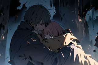 Father and daughter, hug, cold and sad atmosphere, decrepit background, image from afar, crying