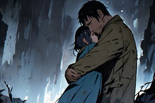 Father and daughter, hug, cold and sad atmosphere, decrepit background, image from afar, crying