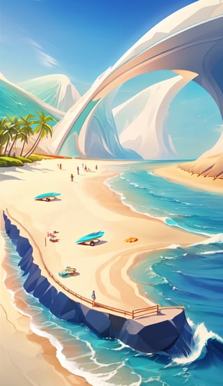 Create an imaginative and awe-inspiring artwork showcasing a futuristic beach and ocean. The beach and ocean should be highly detailed, with sleek and powerful design elements. The scene should be set in a realistic environment, such as a view landscape. Let your creativity run wild as you depict.