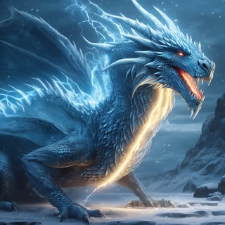 realistic, Ice Dragon, desolate, intricately detailed, artistic lightning, particles, beautiful, amazing, highly detailed, digital art, sharp focus, trending on art station,