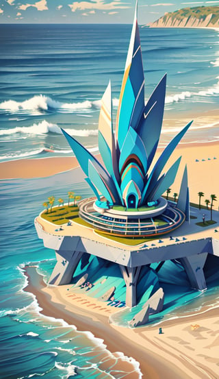 Create an imaginative artwork a futuristic beach and ocean. The beach and ocean should be highly detailed, with sleek and powerful design elements. The scene should be set in a realistic environment, such as a view landscape. Let your creativity run wild as you depict.