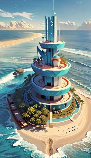 Create an imaginative and awe-inspiring artwork showcasing a futuristic beach and ocean. The beach and ocean should be highly detailed, with sleek and powerful design elements. The scene should be set in a realistic environment, such as a view landscape. Let your creativity run wild as you depict.