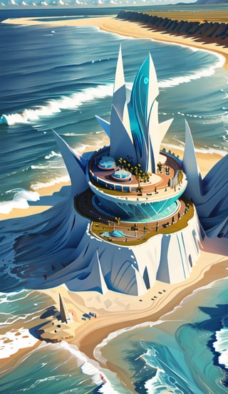 Create an imaginative and awe-inspiring artwork showcasing a futuristic beach and ocean. The beach and ocean should be highly detailed, with sleek and powerful design elements. The scene should be set in a realistic environment, such as a view landscape. Let your creativity run wild as you depict.