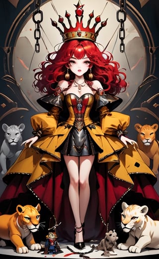 Anime art, dynamic, ((masterpiece,best quality)),A queen of the cirque over the dark and twisted realm, Wore a dress made of wool+leather+and chain, ((a patchwork of colors and textures)), (clash and contrast), (intricate Crown).
She stand against luxurious leather background, surrounded by her chaotic madness: a stuffed lions, a broken mirror, a pile of dolls that whisper secrets.
Cinematic shot, (dynamic, crazy gestured), fashionable, royal&glamorous, gloomy&dangerous,
Creative!!!Sickening!!!, Dark Fashion, Vintage, Luxurious, (Chaos:1.4), Surrealism, FusionArt, Epic composition, Rich color, ((Dark-red&Yellow-mustard&Beige)), LifeLike features, Detailed artwork