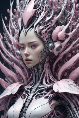 Centralized, Realistic look, fractal:1.2, Cyborg body parts in highly detailed of (petal queen), fractal art style, white and pink, octane render, intricate detailed, fantasy art, dreamy, beautiful, thing that never been seen before, digital illustration,micro details,cyborg style,Leonardo Style