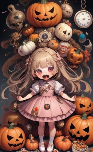 Masterpiece,Best Quality Surrealism, Anime art,Kawaii,Pastel color,Modern, Digital illustration. A Girl costumed and surrounded by her nightmare objects. A lot of objects that are totally different, weird yet beautifully, chaotic entangled. She is wearing a mask that covers her eyes, but not her mouth. She is yelling. Surrounded by her nightmare and traumas such as (pumkins:1.2)+snakes+knives+fire+blood+skulls+dolls+clocks+chains. All mixed and twisted together, forming a cute grotesque and addorable disturbing collage. The background is fading into darken and blurry, a sense of isolation and hopelessness. Colorful,
Complexity, High creative, high_detailed, Freestyle